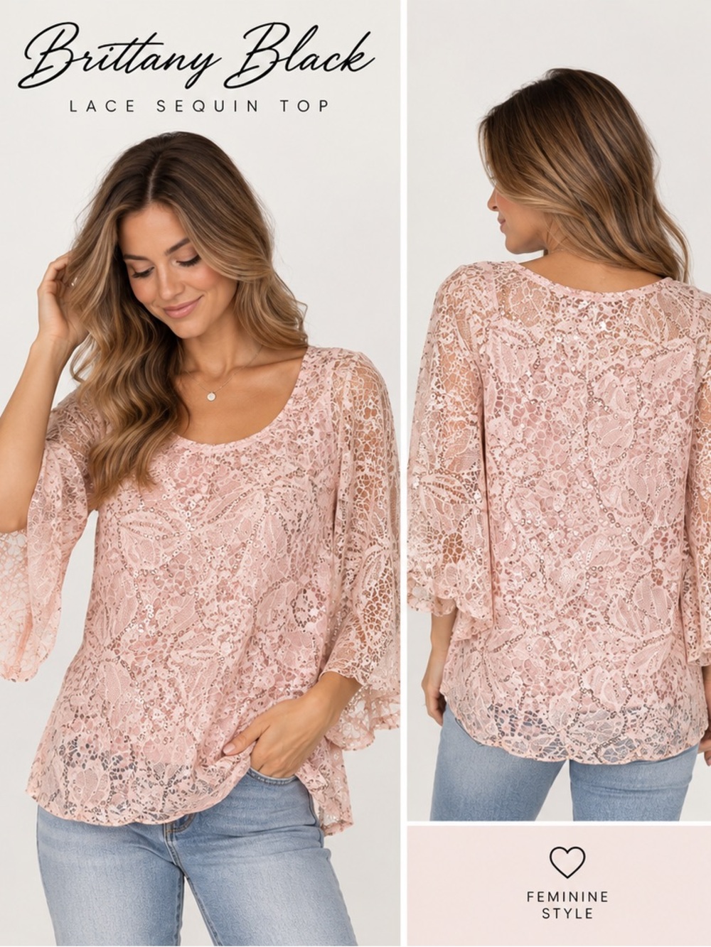 Brittany Black Blush Pink Lace Sequin Tunic